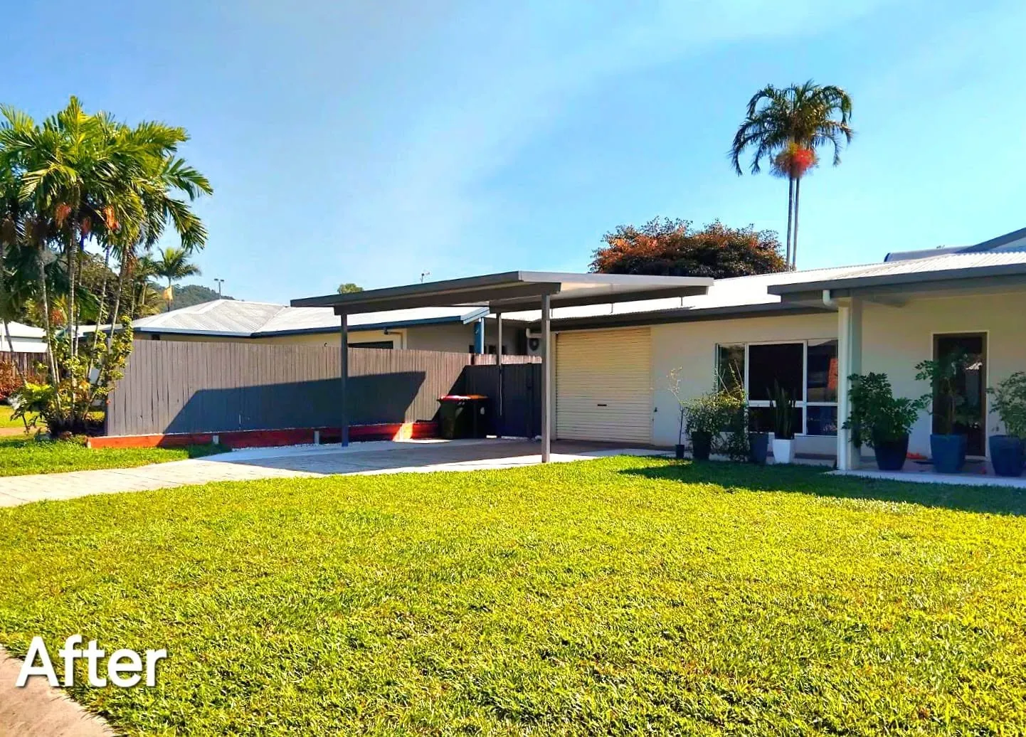 Completed front lawn, garden and carport of a Hervey Bay home